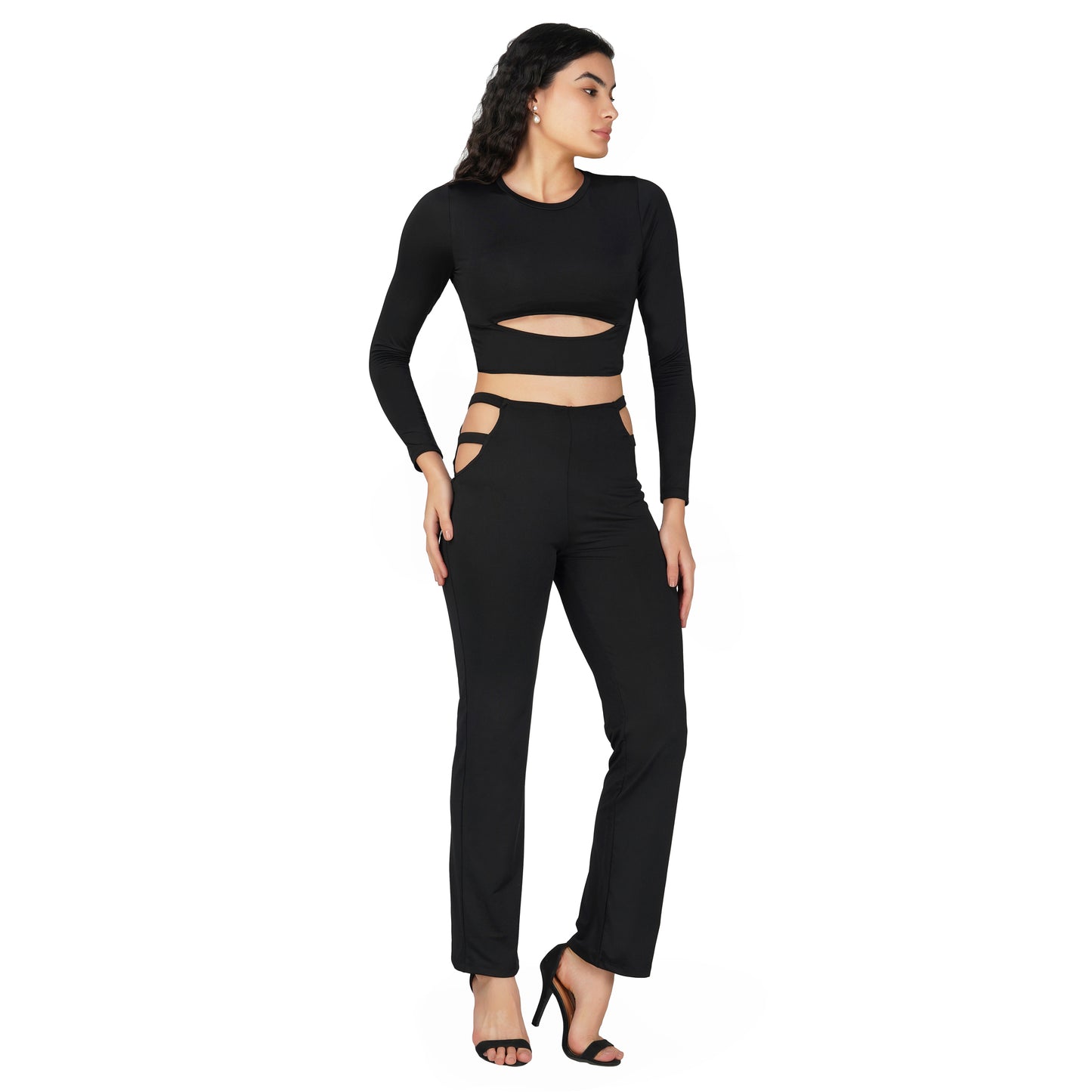 SLAY. Sport Women's Cutout Full Sleeves Crop Top And Pants Co-ord Set Black