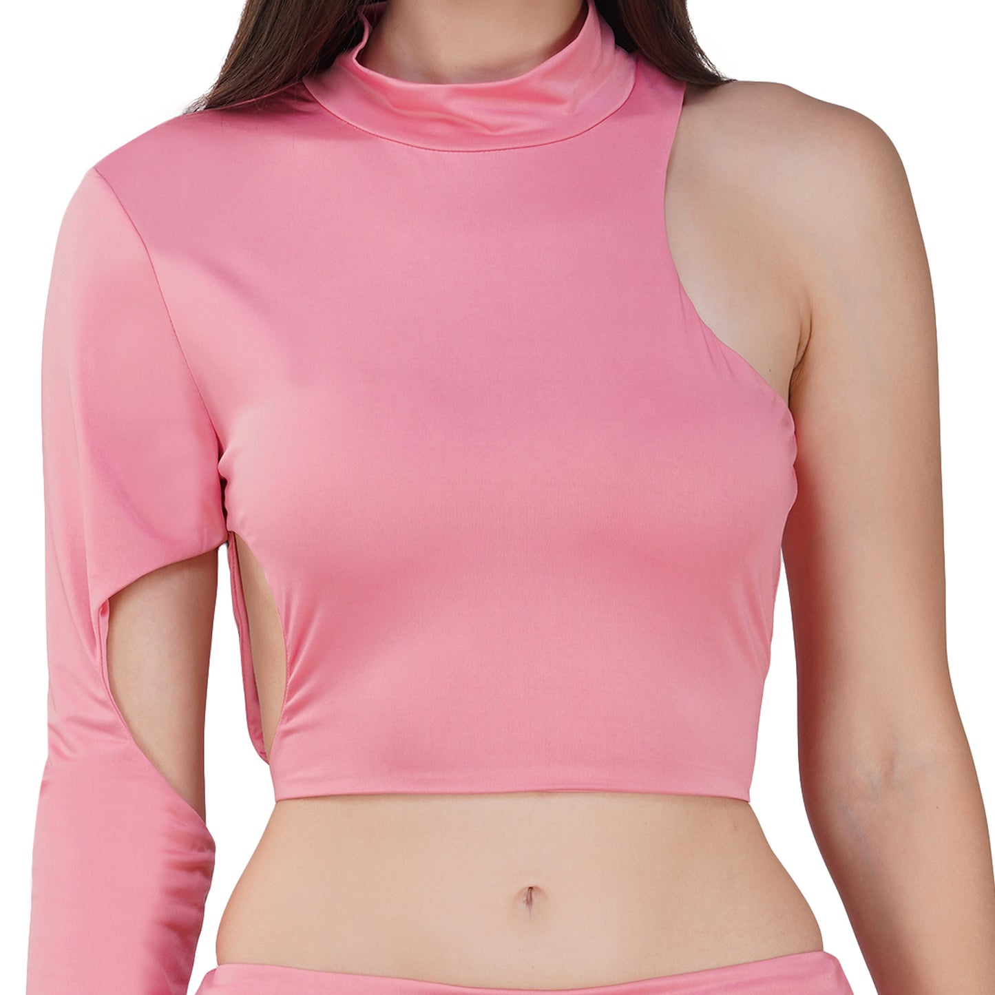 SLAY. Women's Pink Asymmetric Cutout Top & Skirt Co ord Set