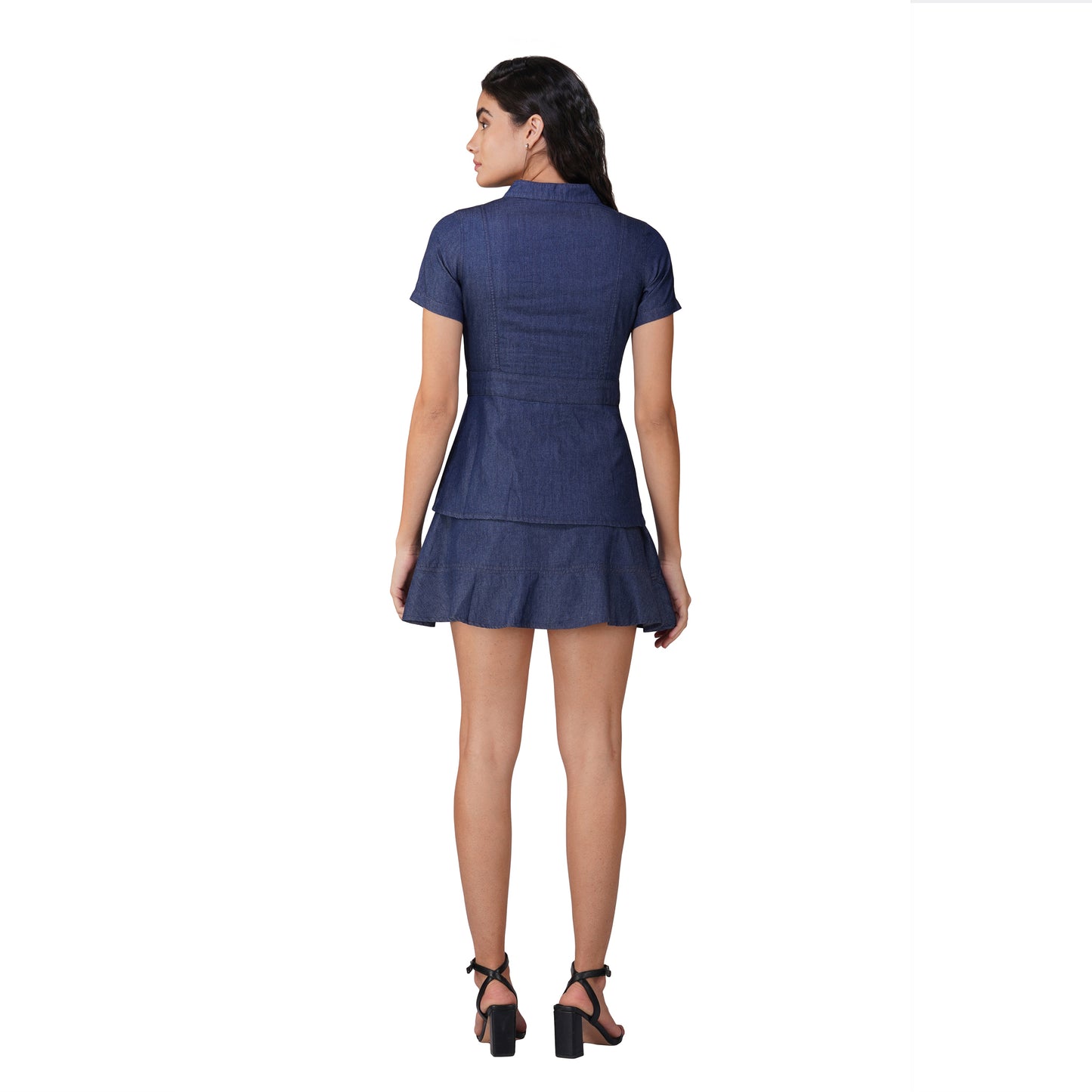SLAY. Women's Denim Half Sleeves Button Up Top & Skirt Co-ord Set