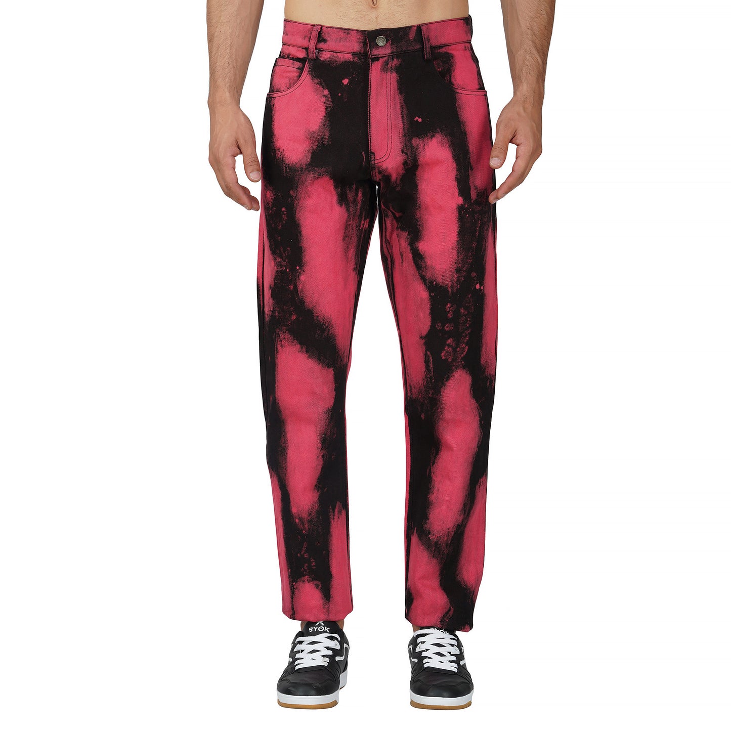 SLAY. Men's "Deadpool Theme" Red & Black Tie Dye Button-Down Ripped Denim Jeans