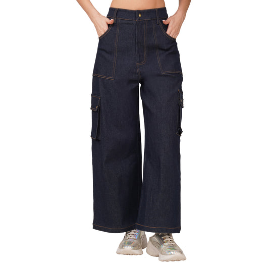 SLAY. Women's Navy Blue Denim Cargo Jeans (Stretch Fabric)