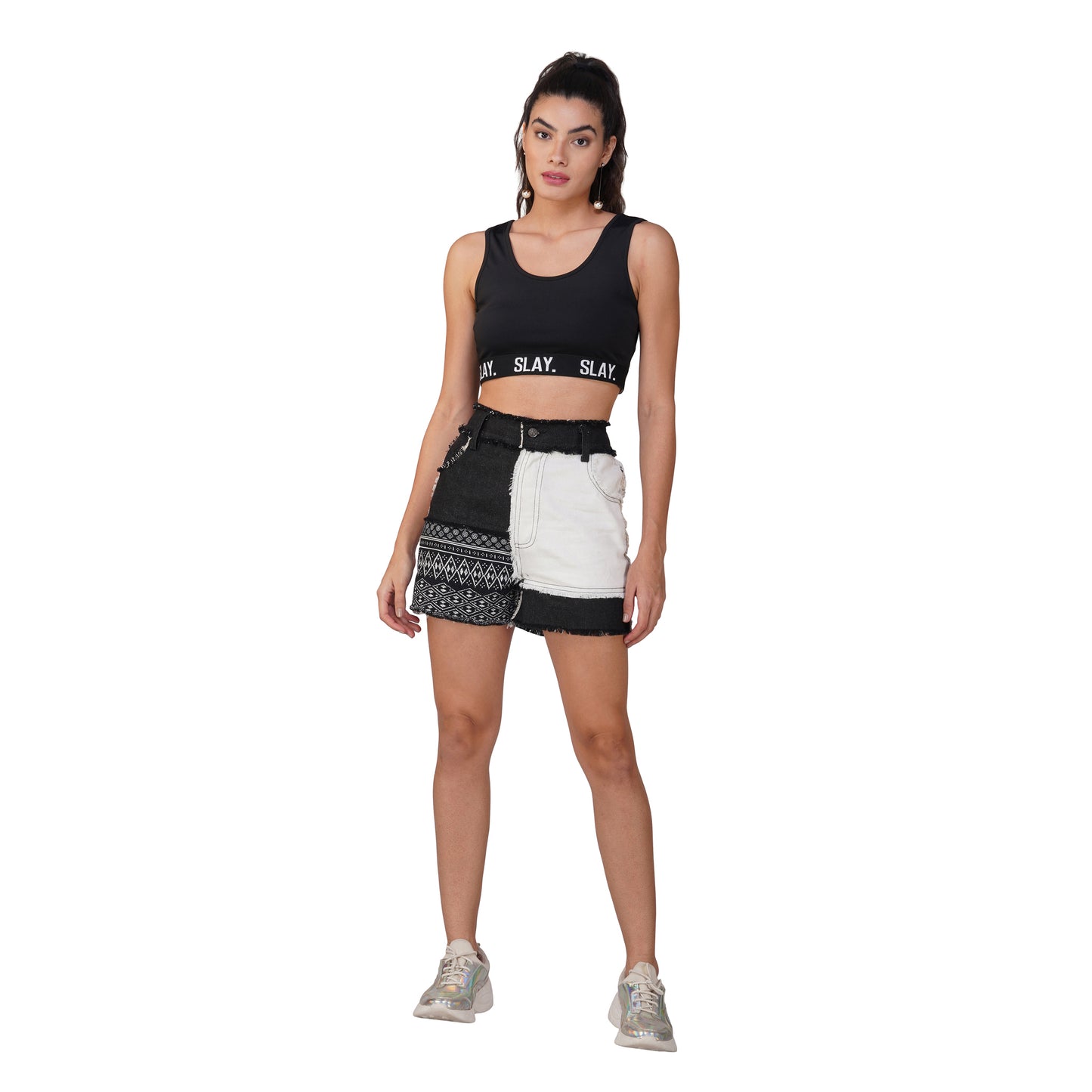 SLAY. Women's Raw Edge Colourblock Black & White Denim Shorts
