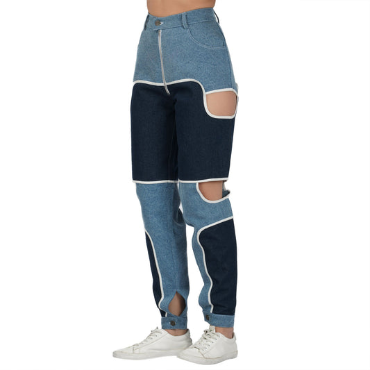 SLAY. Women's Blue & White Colorblock Denim Jeans & Crop top Co-ord Set