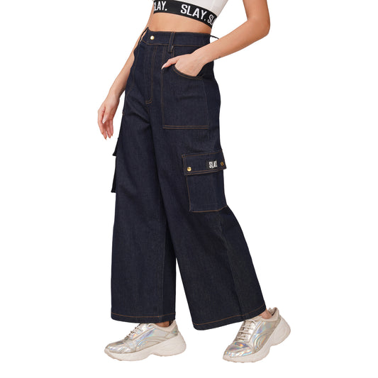 SLAY. Women's Navy Blue Denim Cargo Jeans (Stretch Fabric)