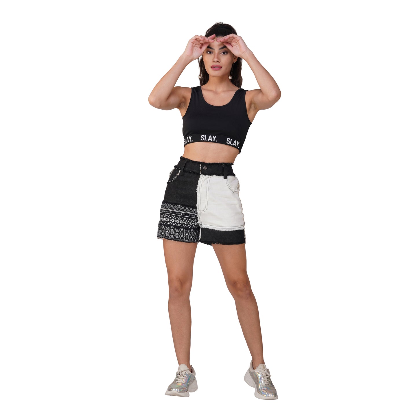 SLAY. Women's Raw Edge Colourblock Black & White Denim Shorts