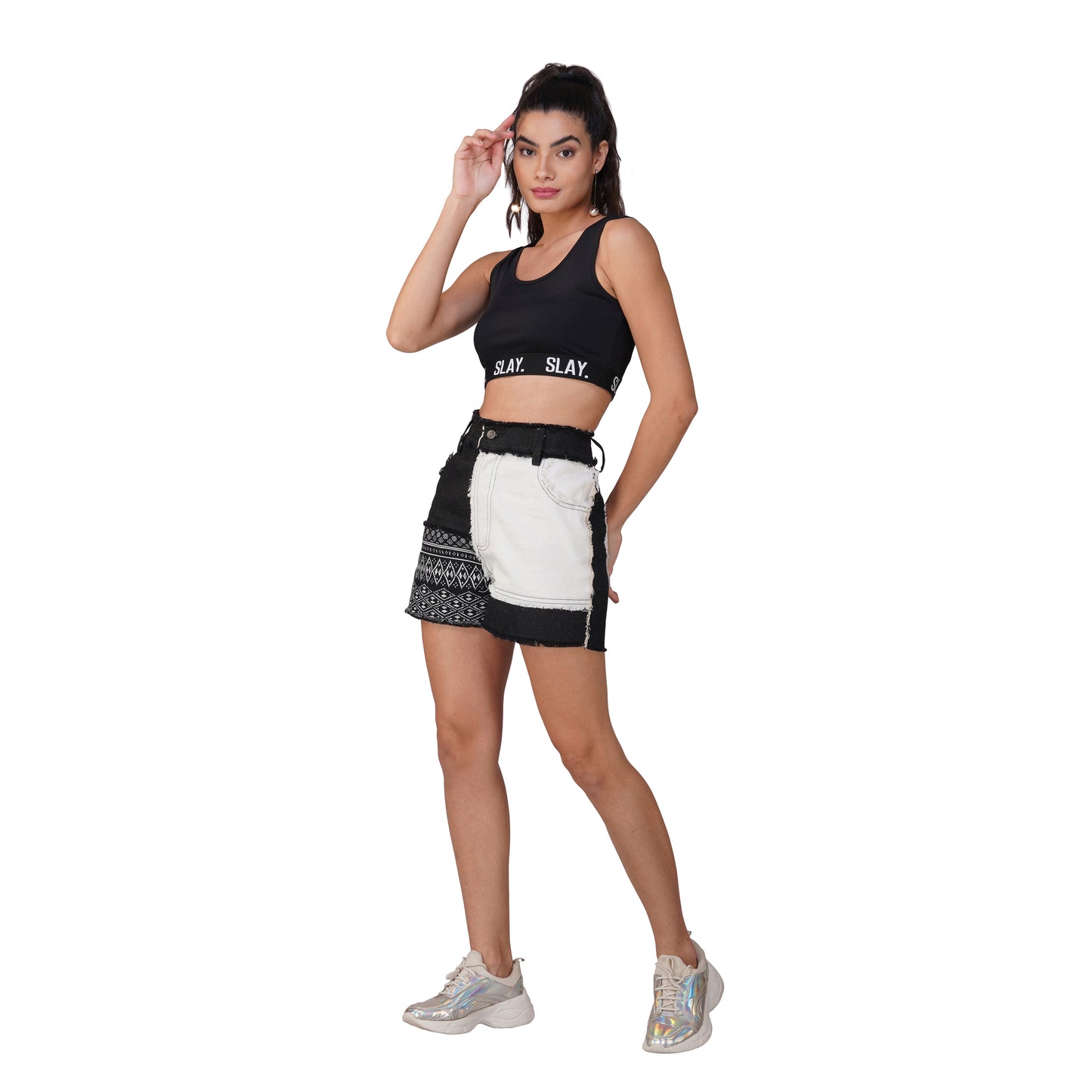 SLAY. Women's Raw Edge Colourblock Black & White Denim Shorts