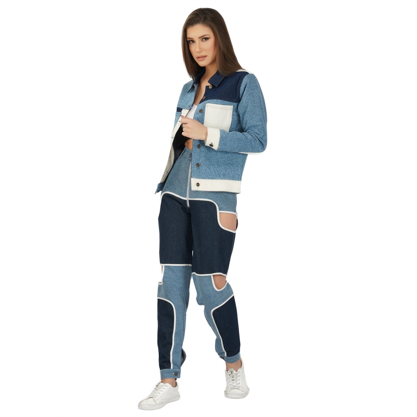 SLAY. Women's Blue & White Colorblock Denim Jeans & Crop top Co-ord Set