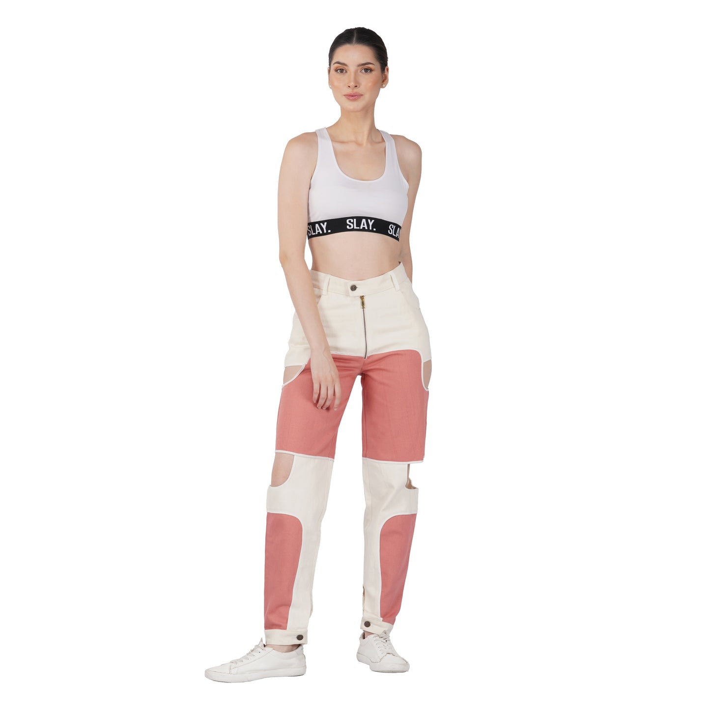 SLAY. Women's Pink & White Colorblock Denim Jeans & Crop top Co-ord Set