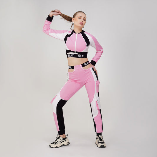 SLAY. Women's Activewear Tracksuit Pink Colorblock Crop Jacket & High Waist Cargo Pants & Crop top Co-ord Set(3 Piece)