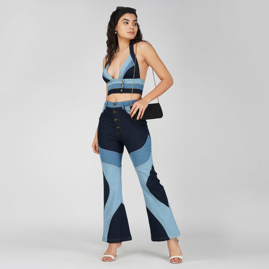 SLAY. Women's 3-Way Acid-Wash Colorblock Denim Co-ord Set