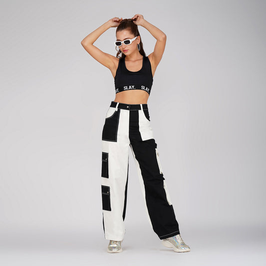 SLAY. Women's Black & White Colorblock Baggy Jeans