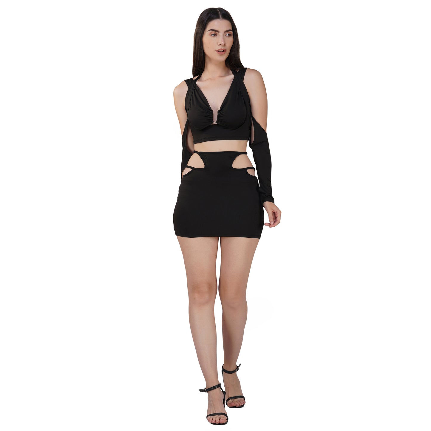 SLAY. Women's Black Asymmetric Cutout Top & Skirt Co ord Set