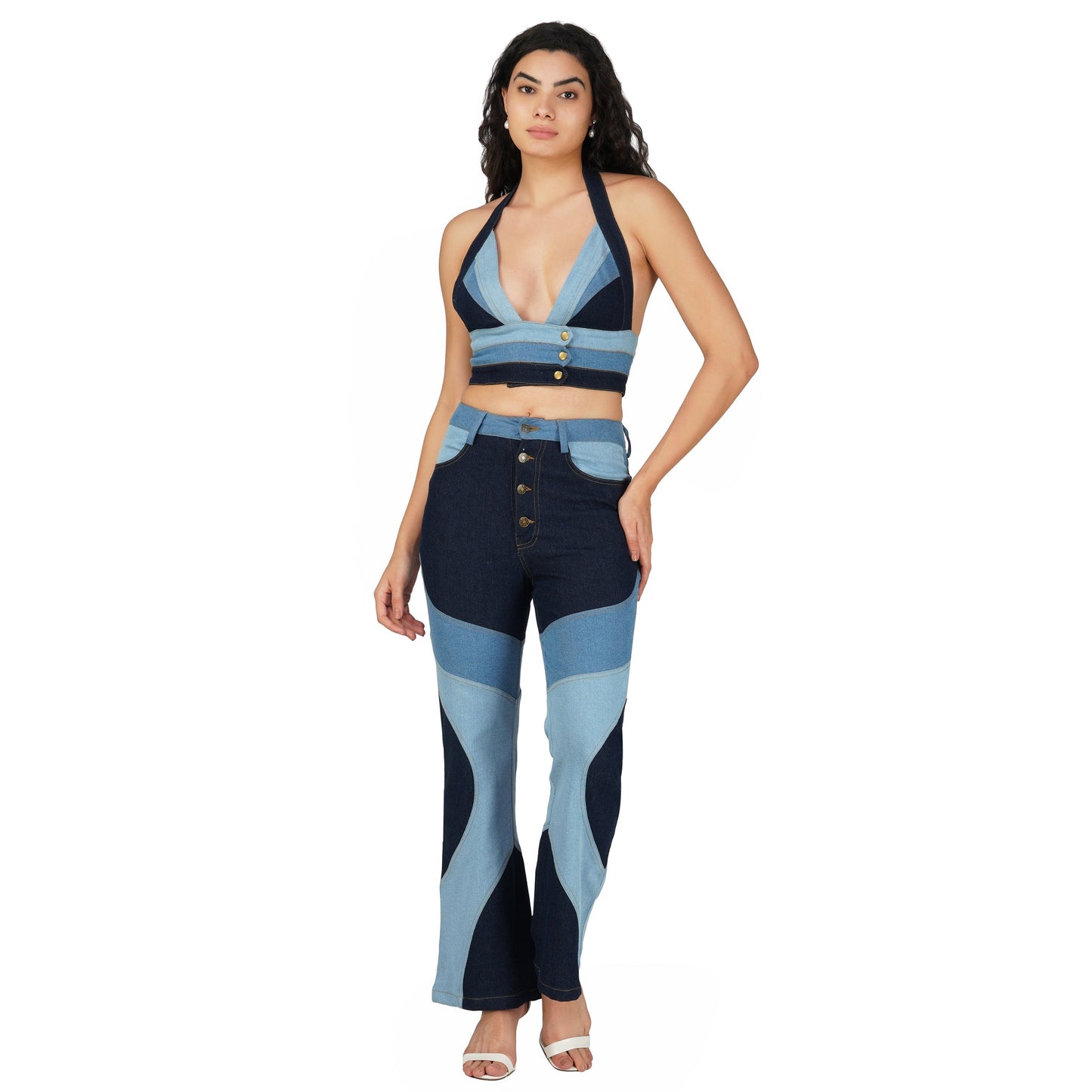 SLAY. Women's 3 Way Acid Wash Colorblock Denim Flare Jeans(Stretch Fabric)