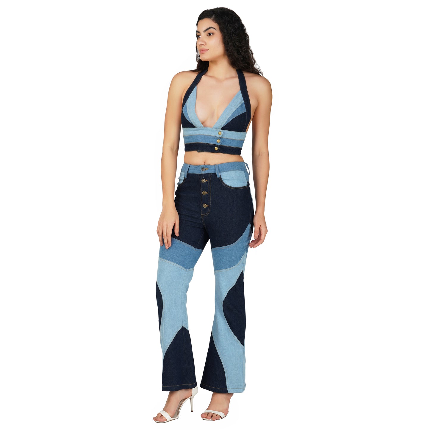 SLAY. Women's 3 Way Acid Wash Colorblock Denim Bikini Bralette Top & Flare Jeans Co ord Set(Stretch Fabric)