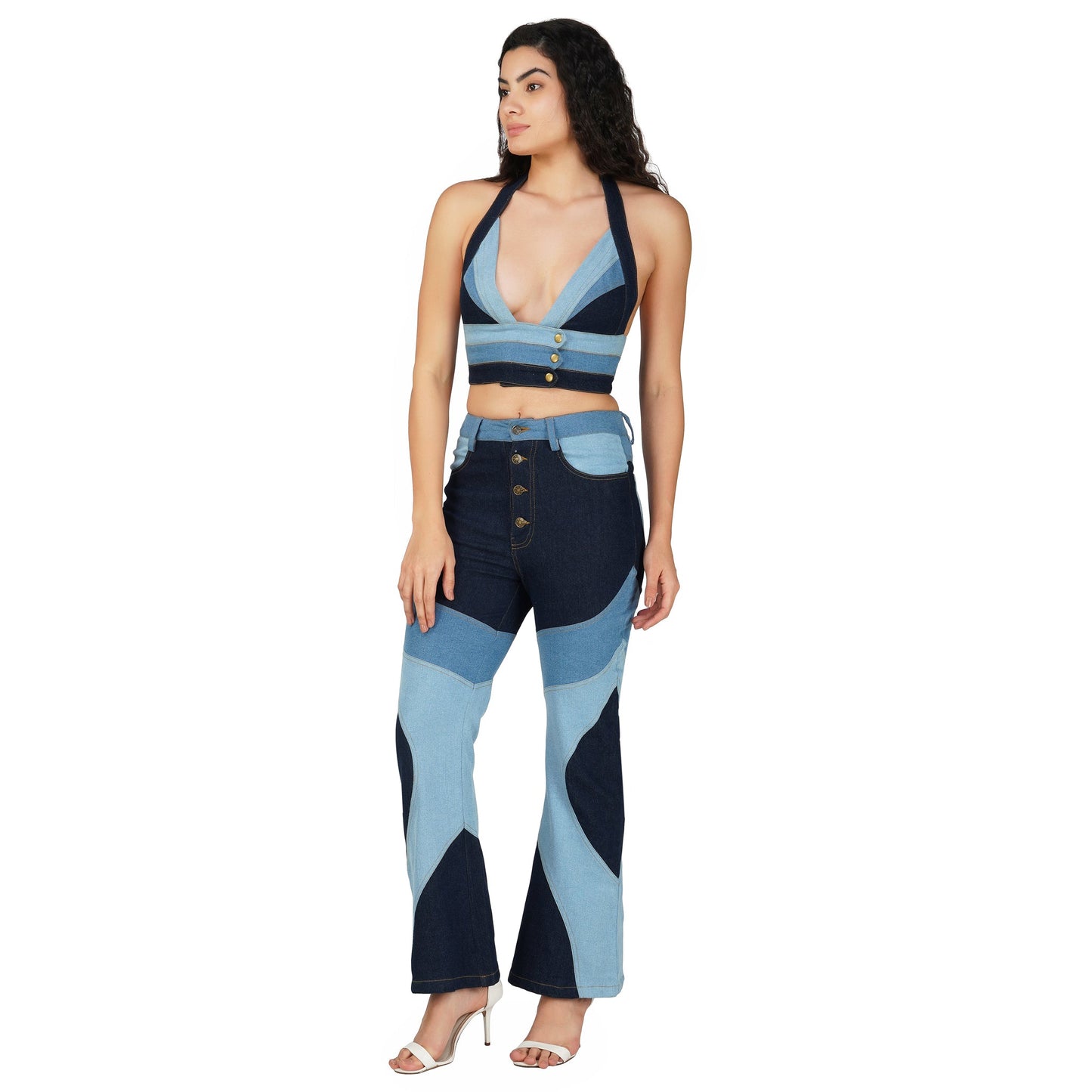 SLAY. Women's 3 Way Acid Wash Colorblock Denim Flare Jeans(Stretch Fabric)