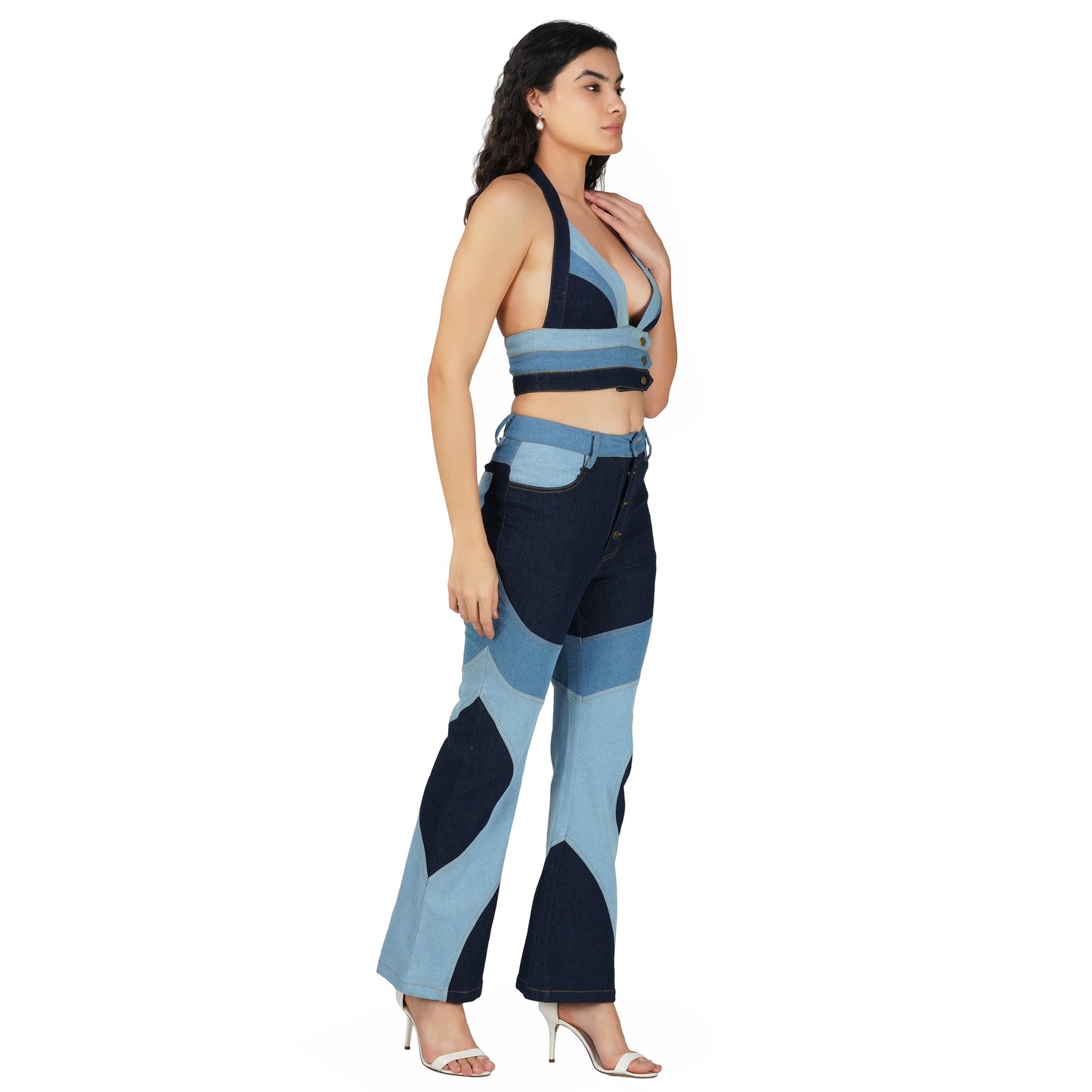SLAY. Women's 3 Way Acid Wash Colorblock Denim Bikini Bralette Top & Flare Jeans Co ord Set(Stretch Fabric)