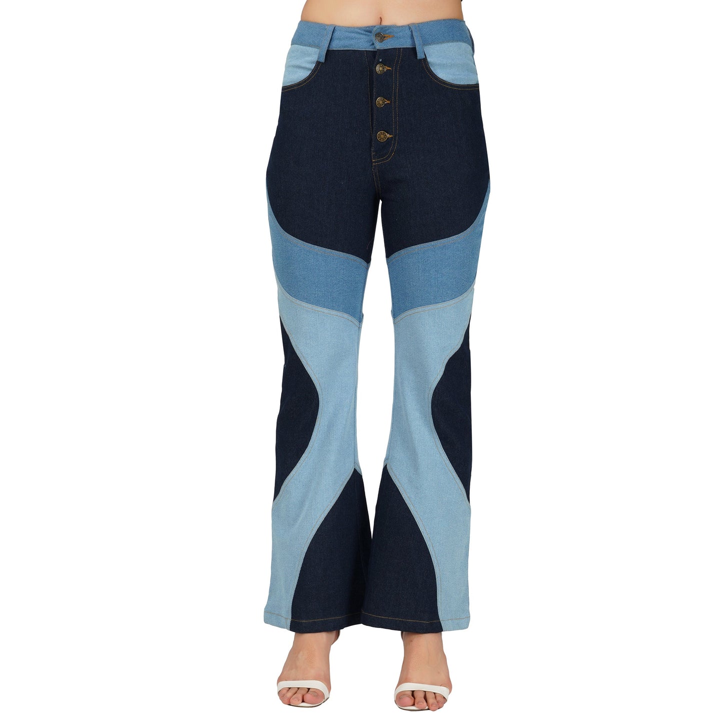 SLAY. Women's 3 Way Acid Wash Colorblock Denim Flare Jeans(Stretch Fabric)
