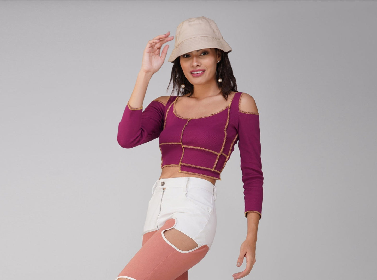SLAY. Women's Contrast Stitch Pink Cold Shoulder Rib Full Sleeves Top