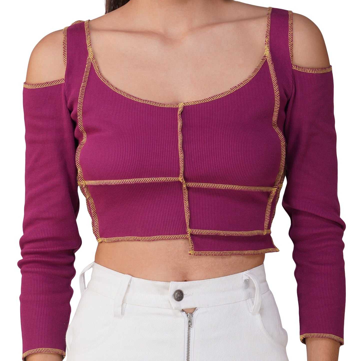 SLAY. Women's Contrast Stitch Maroon Cold Shoulder Rib Full Sleeves Top & Jeans Co-ord Set