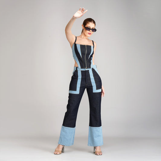 SLAY. Women's Retro Contrast Denim Corset & Flared Jeans Set(Stretch Fabric)