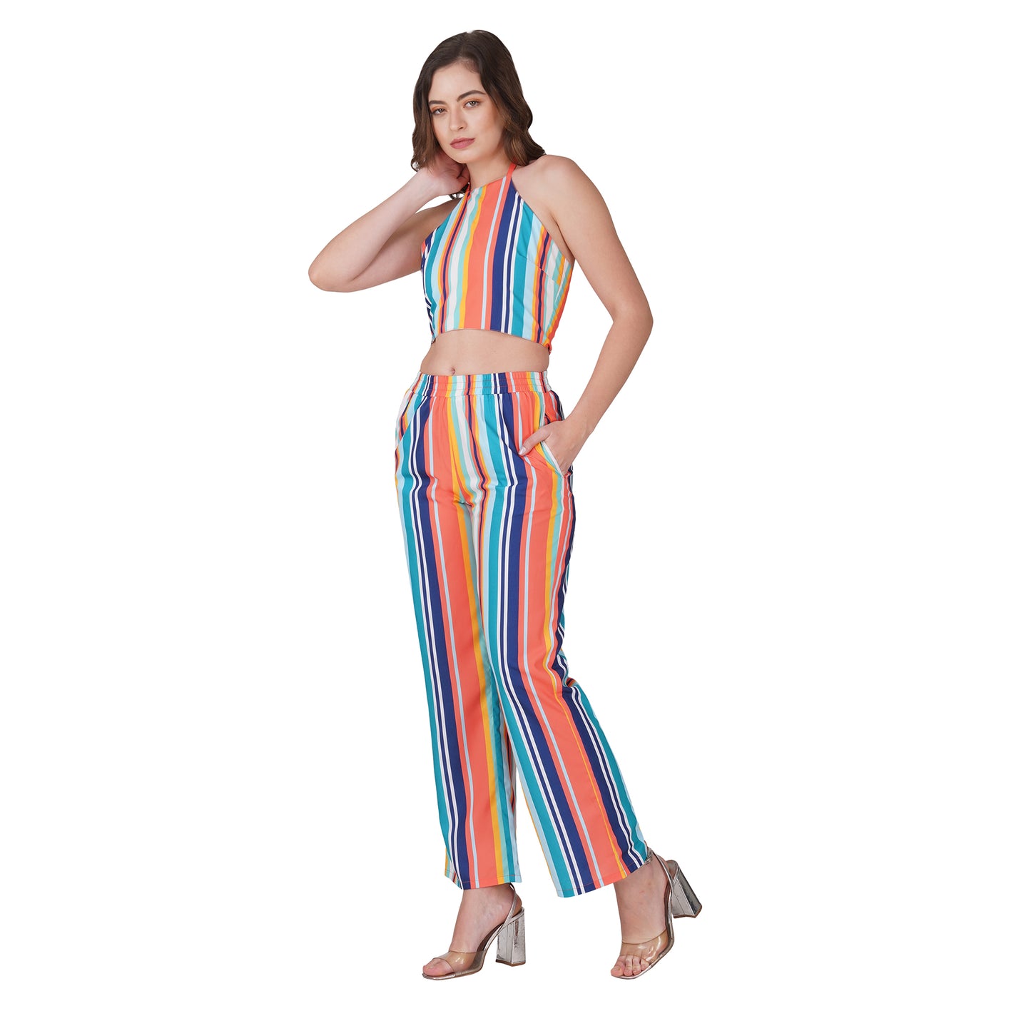 SLAY. Women's Moody Stripe Co-ord Set – Halter Crop & Wide-Leg Pants