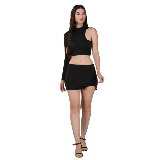 SLAY. Women's Black Asymmetric Cutout Top & Skirt Co ord Set