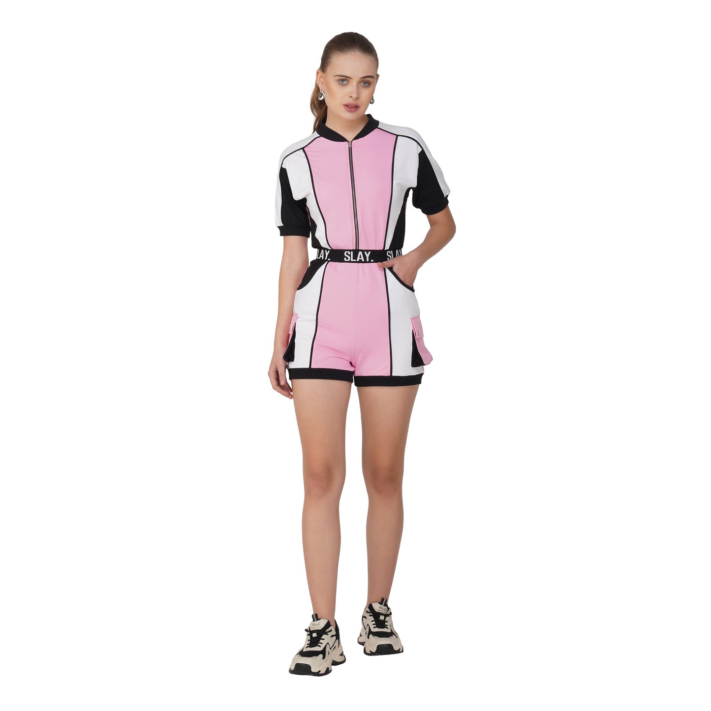 SLAY. Women's Colorblock Romper Pink White Black