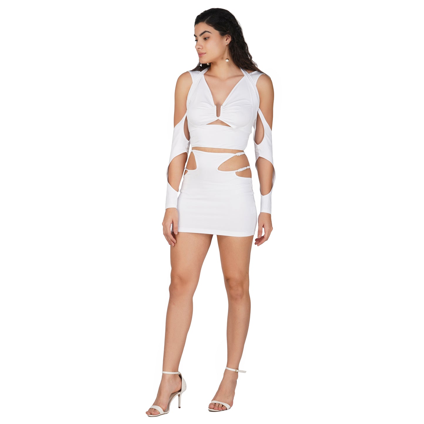 SLAY. Women's White Asymmetric Cutout Top & Skirt Co ord Set