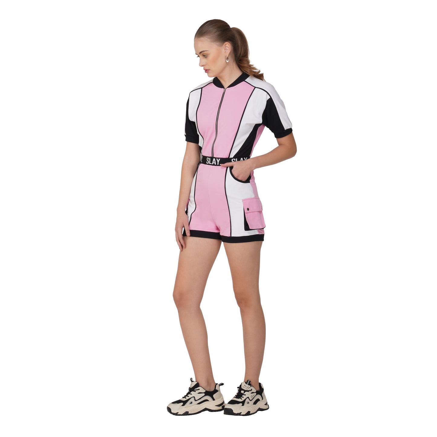 SLAY. Women's Colorblock Romper Pink White Black