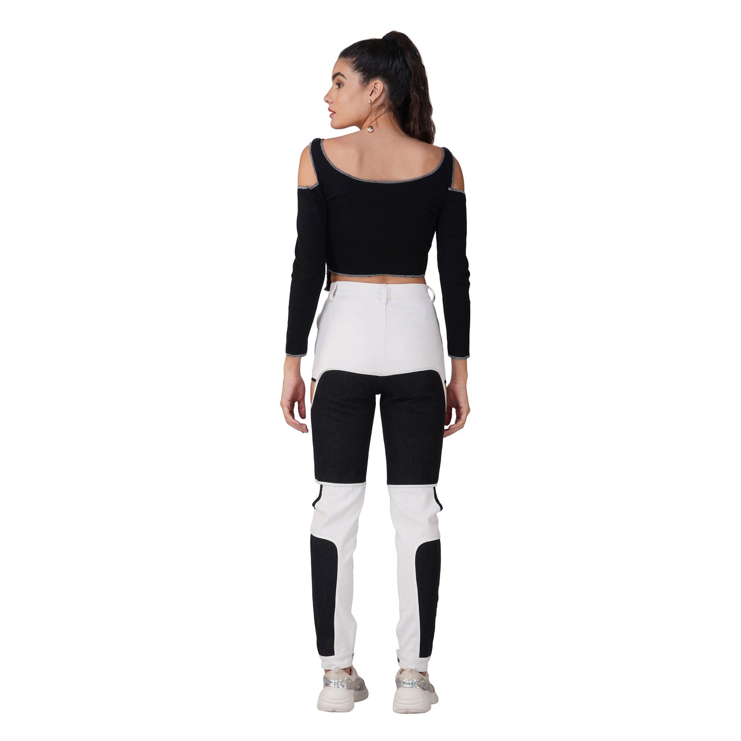 SLAY. Women's Contrast Stitch Black Cold Shoulder Rib Full Sleeves Top & Jeans Co-ord Set