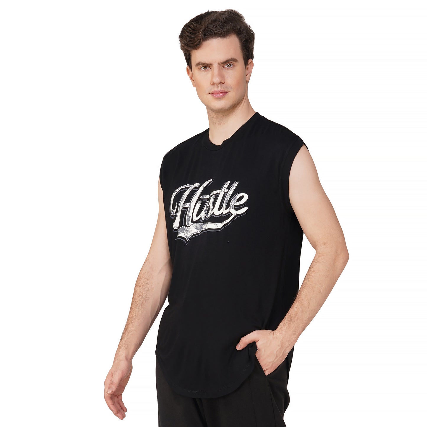 SLAY. Men's Hustle Printed Sleeveless Black Dropcut T-Shirt
