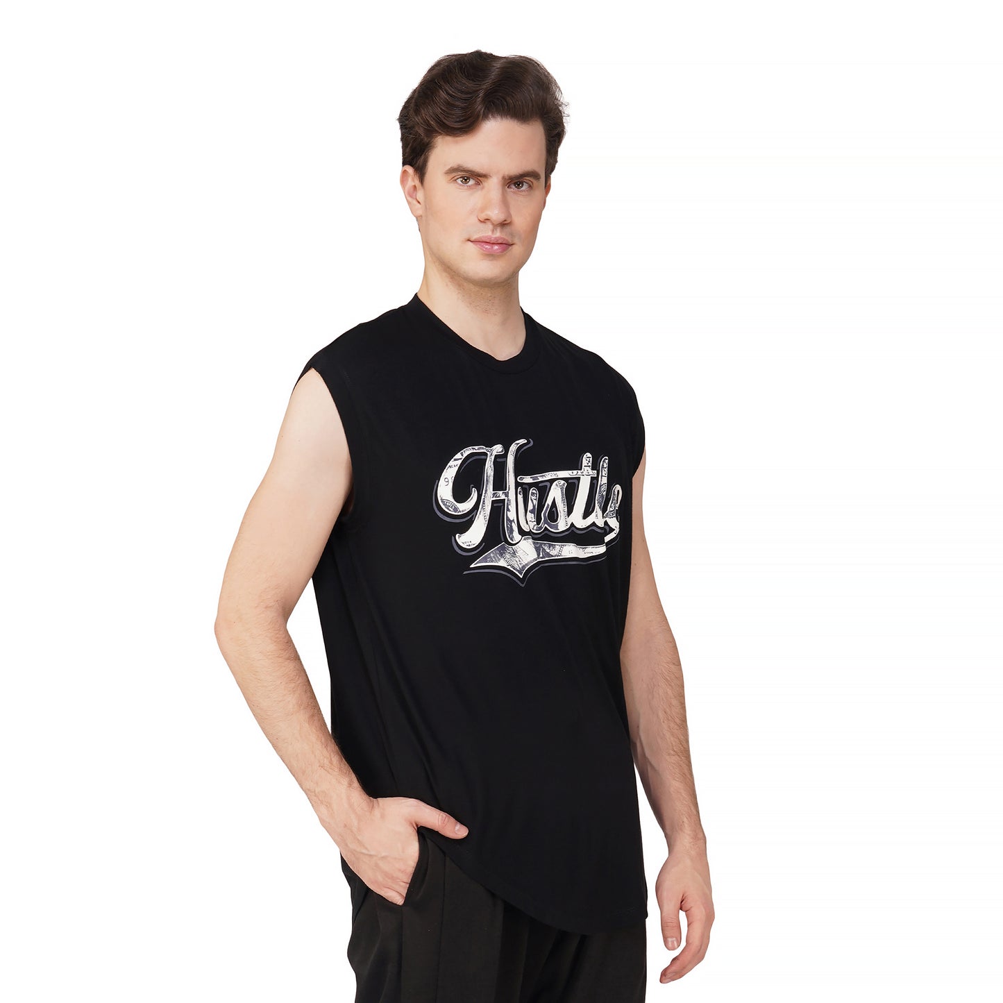 SLAY. Men's Hustle Printed Sleeveless Black Dropcut T-Shirt
