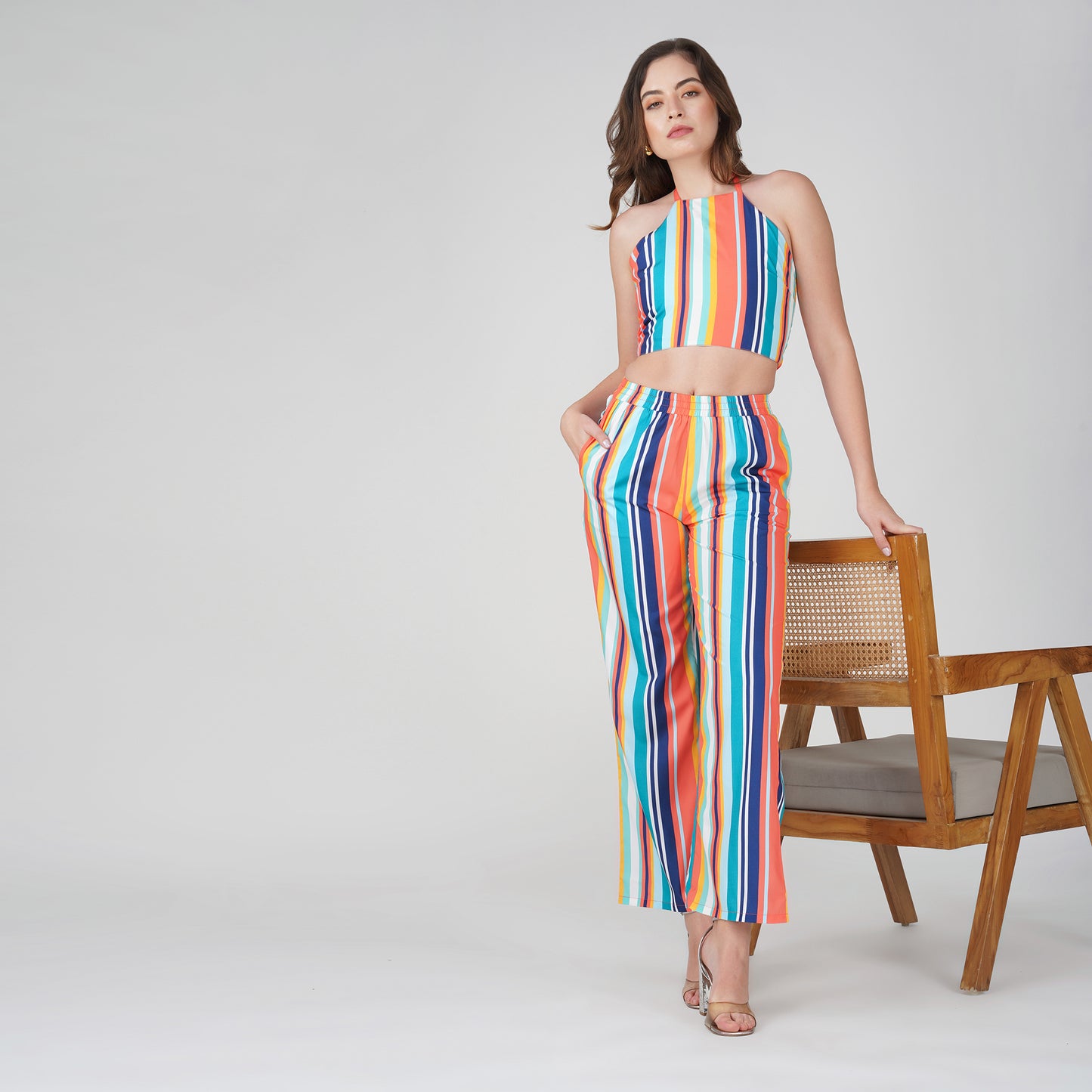 SLAY. Women's Moody Stripe Co-ord Set – Halter Crop & Wide-Leg Pants