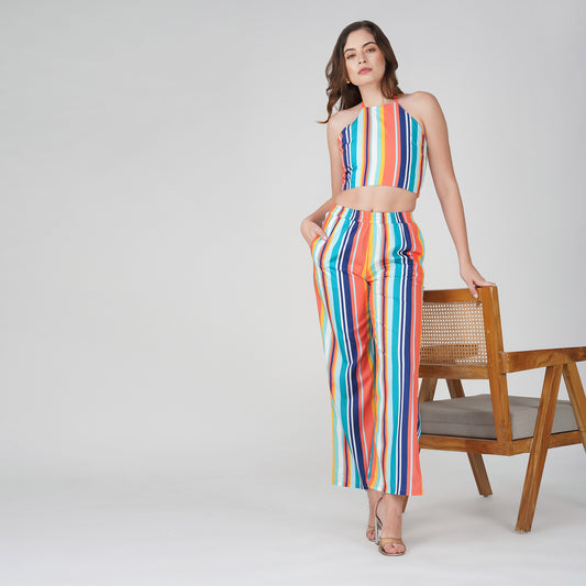SLAY. Women's Moody Stripe Co-ord Set – Halter Crop & Wide-Leg Pants
