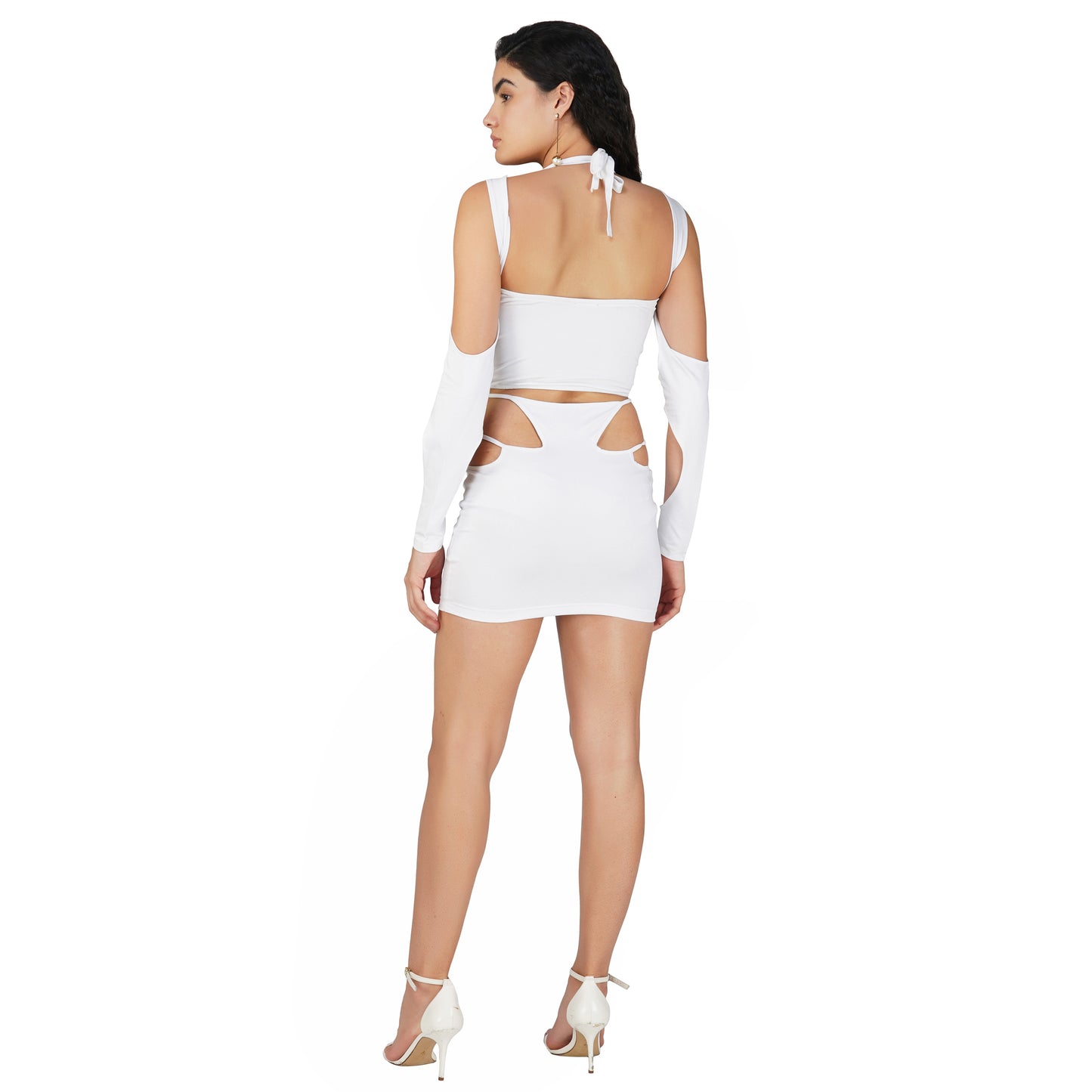 SLAY. Women's White Asymmetric Cutout Top & Skirt Co ord Set
