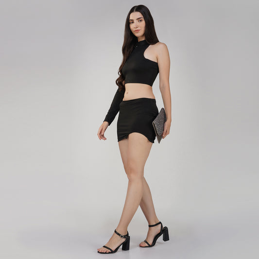 SLAY. Women's Black Asymmetric Cutout Top & Skirt Co ord Set