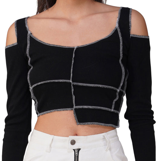 SLAY. Women's Contrast Stitch Black Cold Shoulder Rib Full Sleeves Top