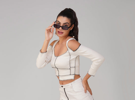 SLAY. Women's Contrast Stitch White Cold Shoulder Rib Full Sleeves Top