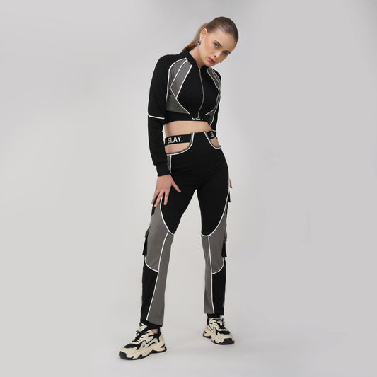SLAY. Women's Activewear Tracksuit Grey Black Colorblock Crop Jacket & High Waist Cargo Pants & Crop top Co-ord Set (3 Piece)