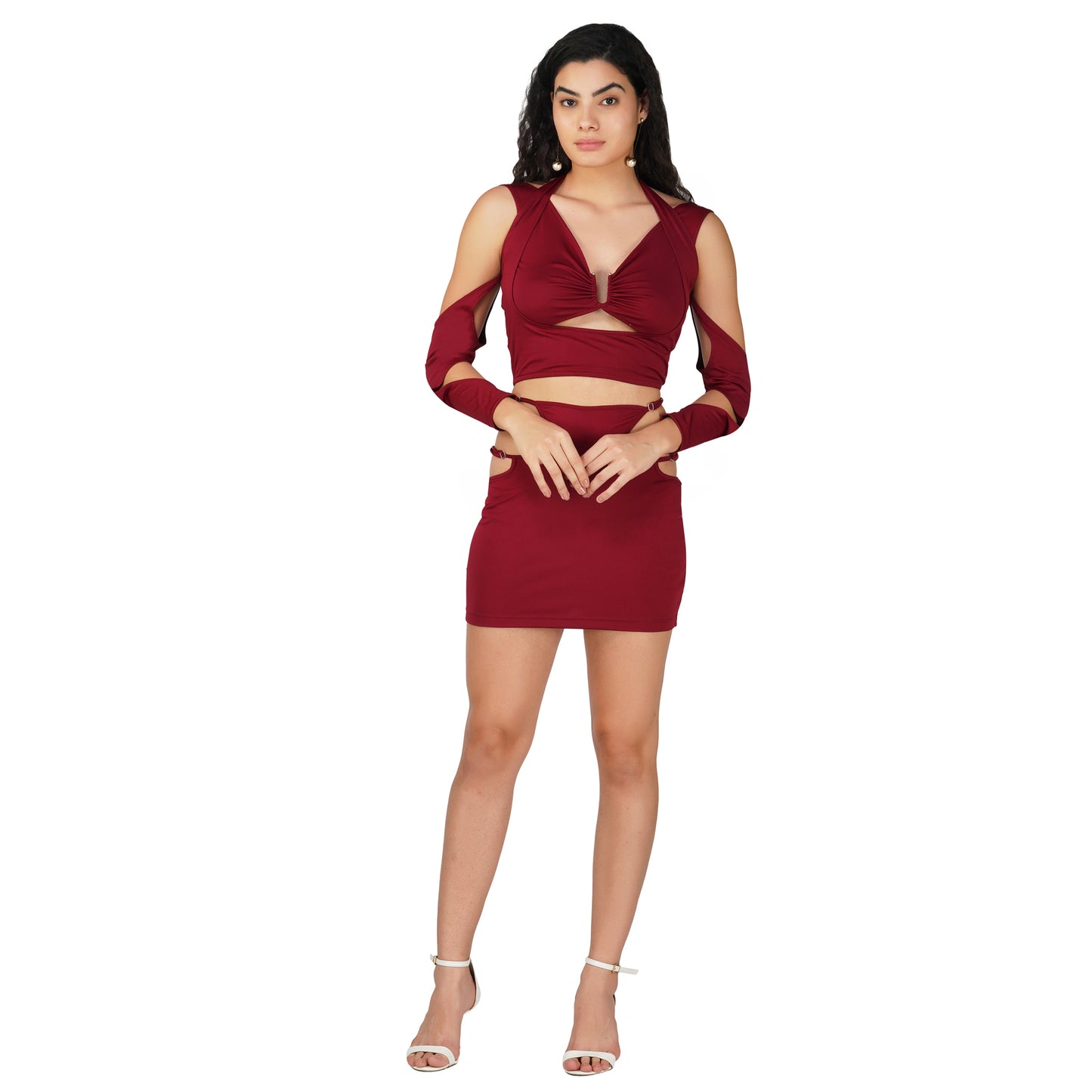 SLAY. Women's Red Asymmetric Cutout Top & Skirt Co ord Set