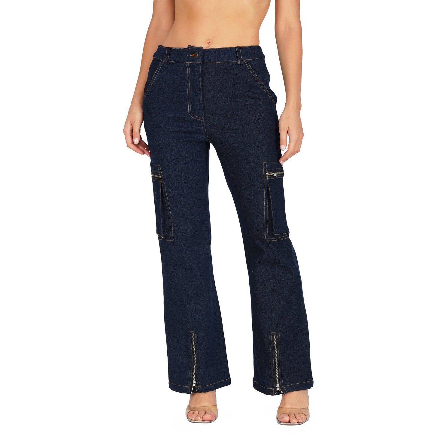 SLAY. Women's Navy Blue Enzyme Wash Denim Cargo Jeans (Stretch Fabric)