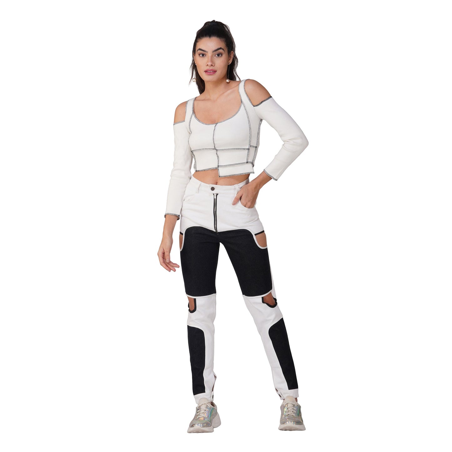 SLAY. Women's Contrast Stitch White Cold Shoulder Rib Full Sleeves Top & Jeans Co-ord Set