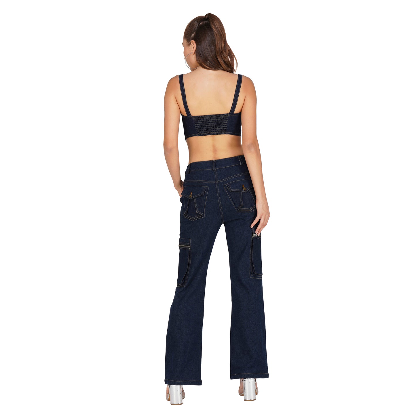 SLAY. Women's Navy Blue Enzyme Wash Denim Zip up Corset & Cargo Jeans Co ord Set(Stretch Fabric)