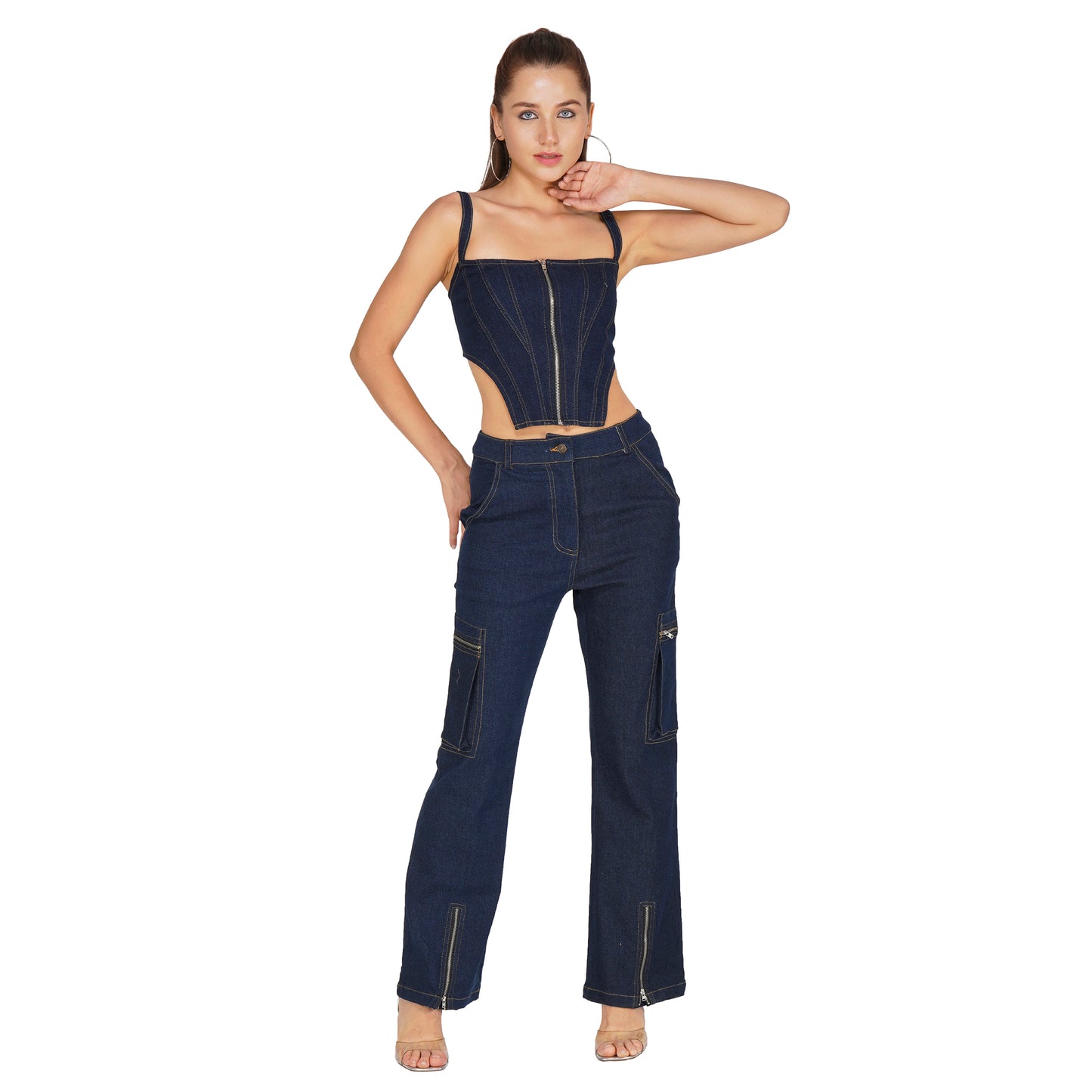 SLAY. Women's Navy Blue Enzyme Wash Denim Zip up Corset & Cargo Jeans Co ord Set(Stretch Fabric)