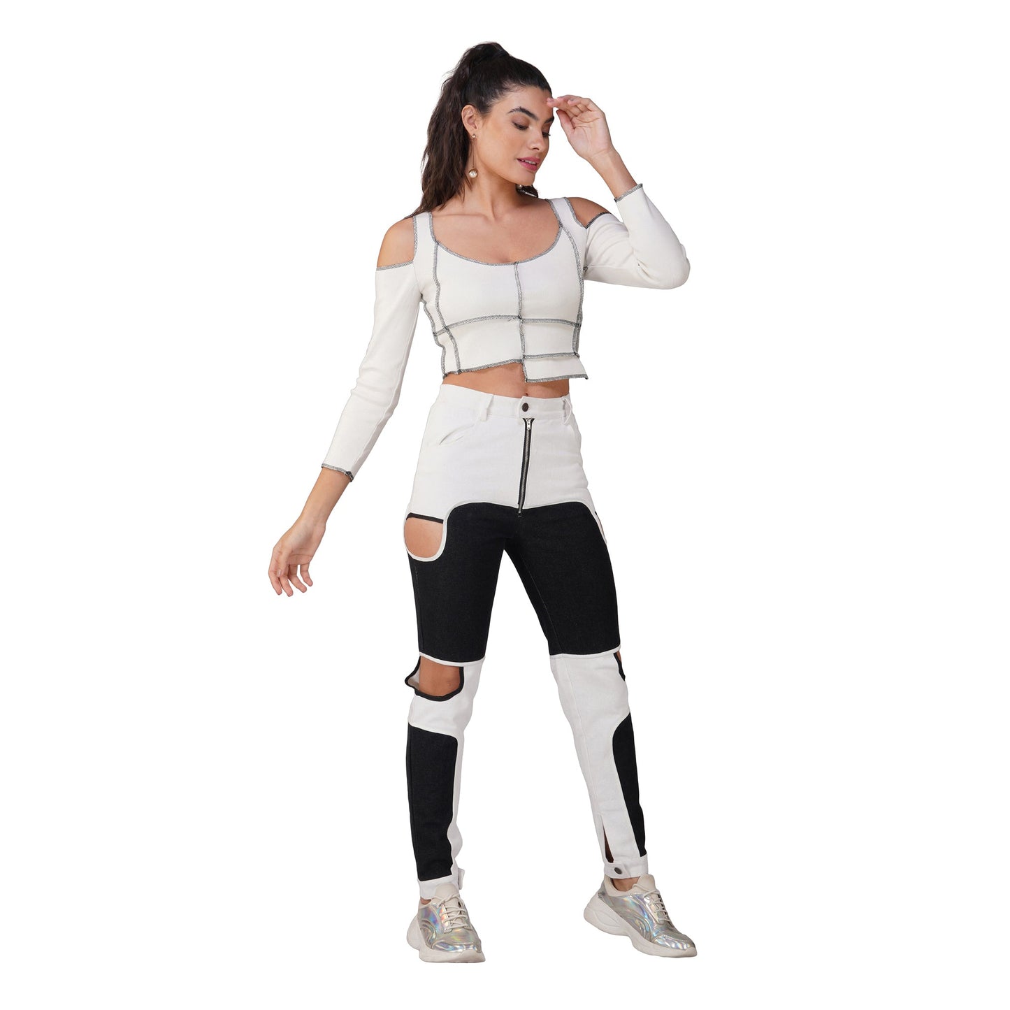 SLAY. Women's Contrast Stitch White Cold Shoulder Rib Full Sleeves Top & Jeans Co-ord Set