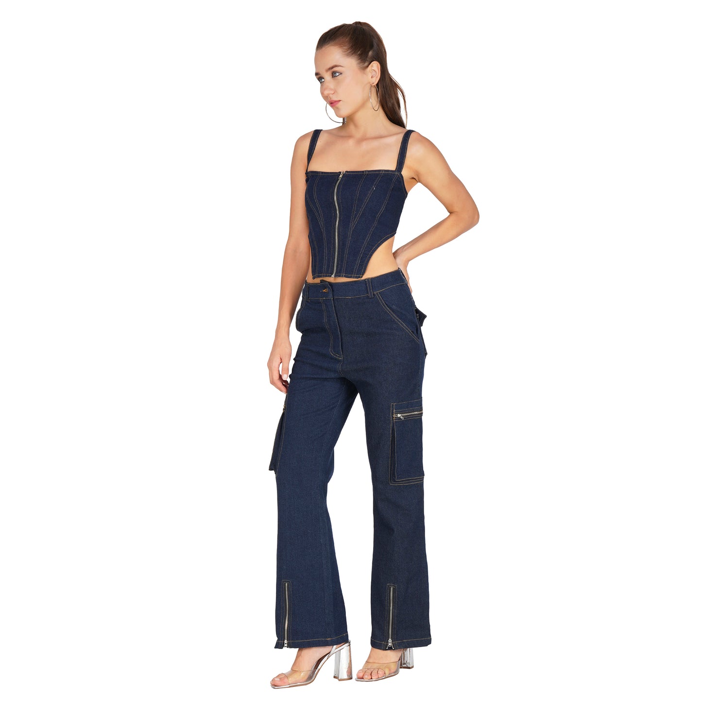 SLAY. Women's Navy Blue Enzyme Wash Denim Zip up Corset & Cargo Jeans Co ord Set(Stretch Fabric)