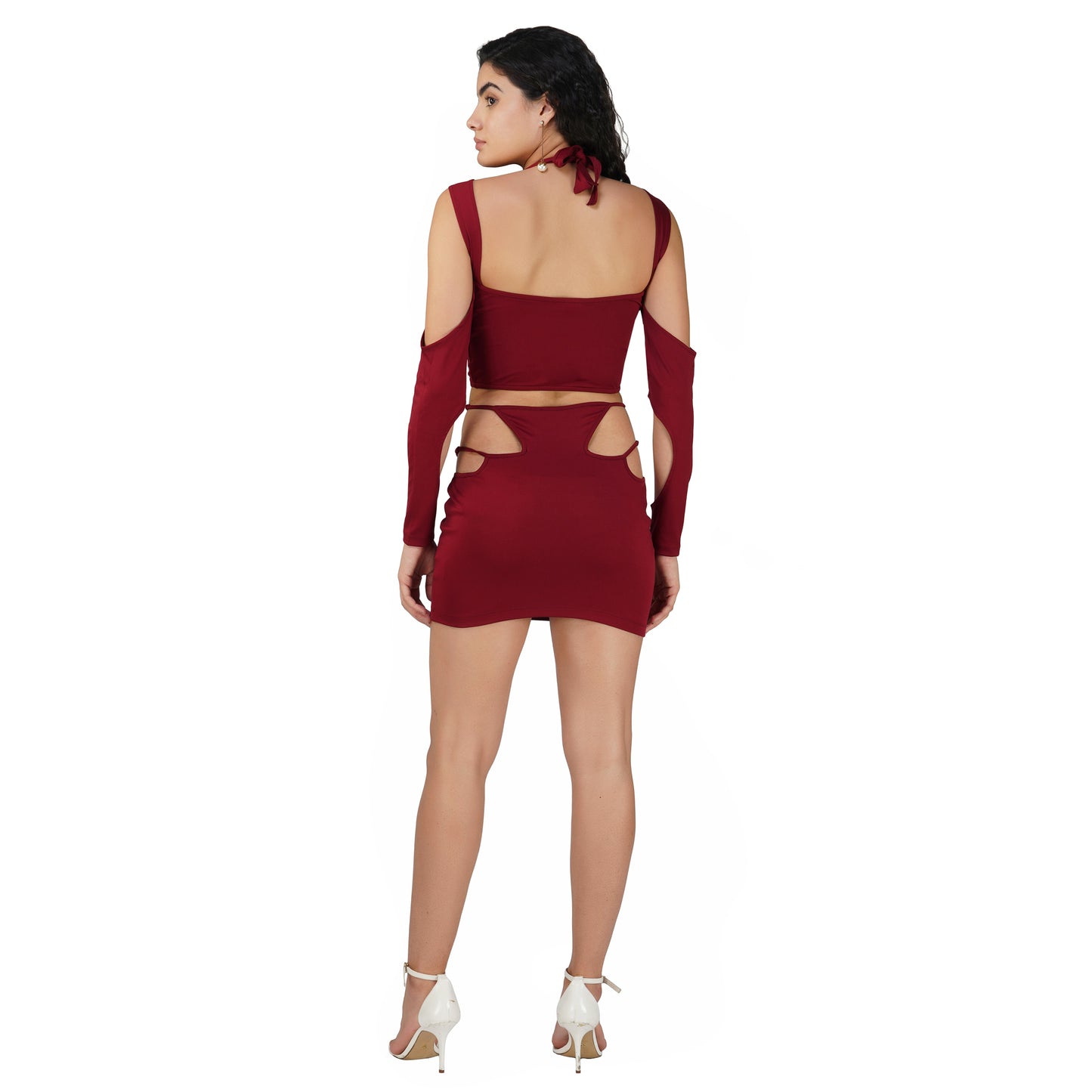SLAY. Women's Red Asymmetric Cutout Top & Skirt Co ord Set