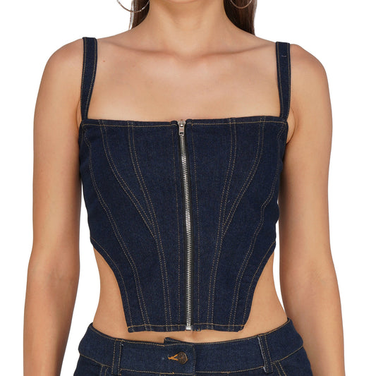 SLAY. Women's Navy Blue Enzyme Wash Denim Zip up Corset (Stretch Fabric)