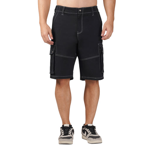 SLAY. Men's Black Contrast Stitch Stretch Cargo Shorts