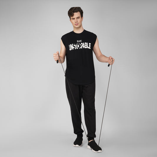SLAY. Men's Unstoppable Printed Sleeveless Black Dropcut T-Shirt